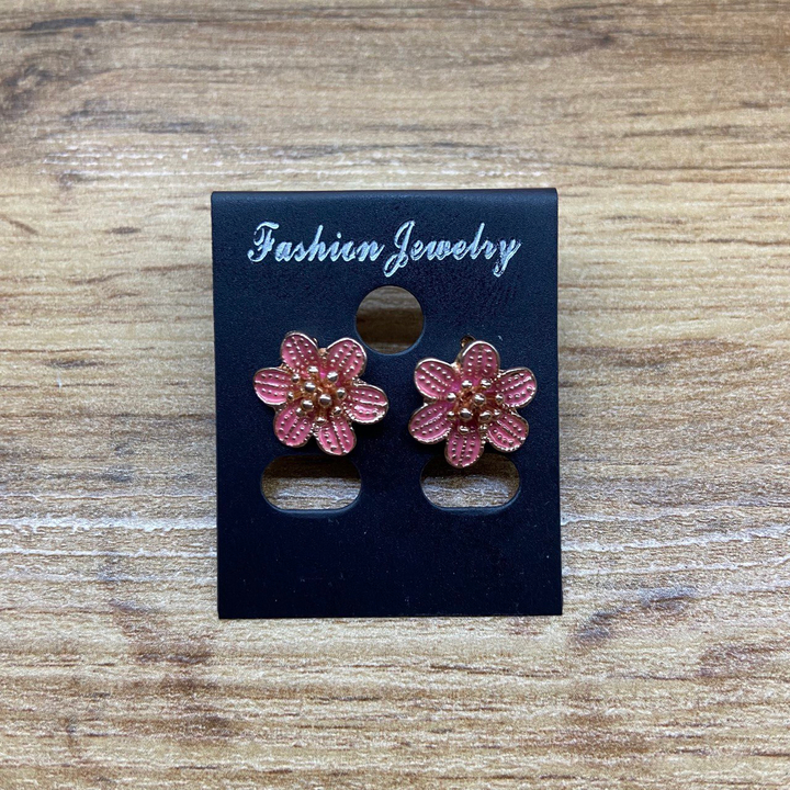 Серьги Small Цветочек шестилистник эмаль цветная цвет розовый металл золотистый