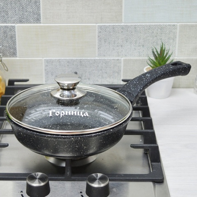 Сковорода 22см высота 5,5см Гранит с несъемной ручкой и стеклянной крышкой, с2252аг