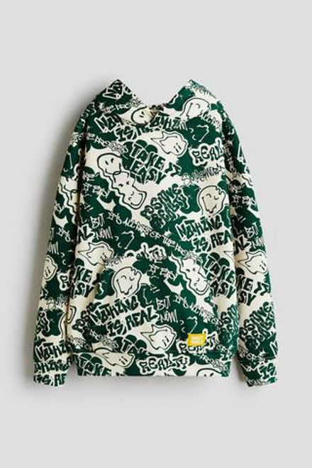 H&M Толстовка с капюшоном и принтом, темно-зеленый