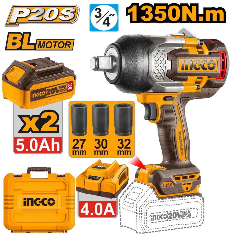 Аккумуляторный бесщеточный ударный гайковерт INGCO CIWLI20135 INDUSTRIAL 20 В 1/2&quot; 1350 Нм / 1900 Нм