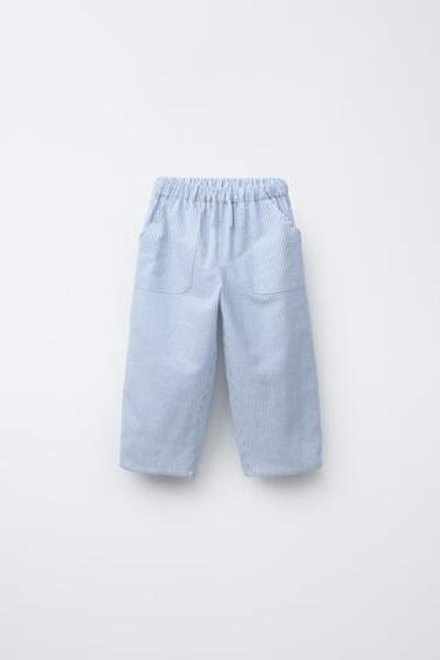 ZARA БРЮКИ BAGGY ИЗ СМЕСОВОГО ХЛОПКА И ЛЬНА, СИНИЙ/БЕЛЫЙ