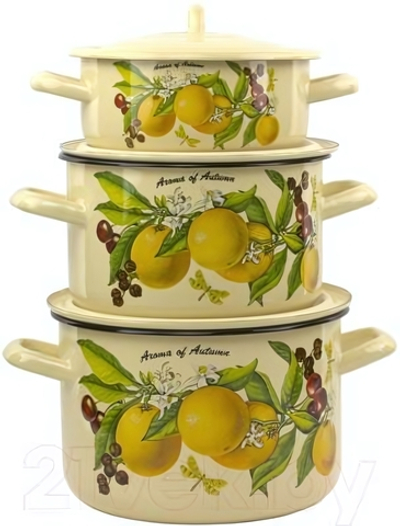 Набор кастрюль эмалированных 1,5 л; 3 л; 4,5 л ФРУКТОВАЯ ФАНТАЗИЯ цилиндрический белый/кремовый