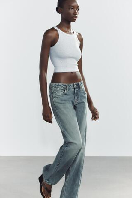 ZARA УКОРОЧЕННЫЙ ТРИКОТАЖНЫЙ ТОП В РУБЧИК, СЕРЫЙ С МЕЛАНЖЕВЫМ ЭФФЕКТОМ