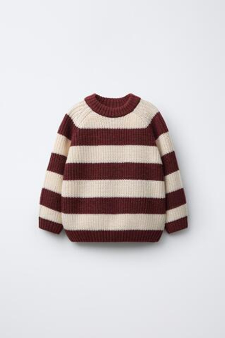 ZARA ВЯЗАНЫЙ ДЖЕМПЕР В ПОЛОСКУ С ШЕРСТЬЮ, ЭКРЮ/ГРАНАТОВЫЙ
