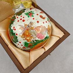 Шар елочный новогодний с круговой росписью Палех "Жар-птица" на белом в футляре в коробке