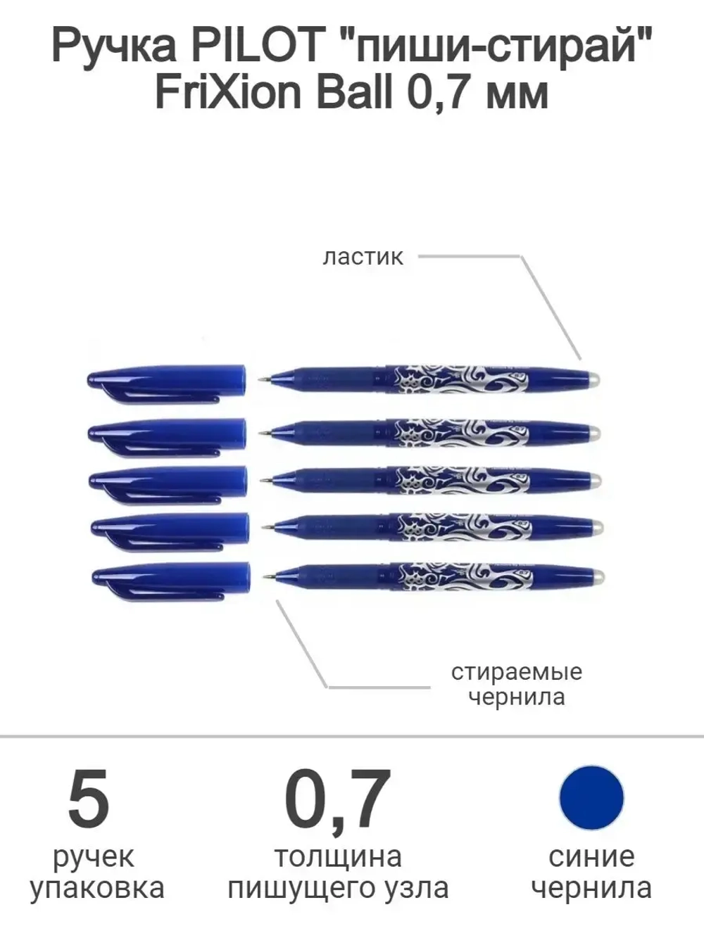 Набор стираемых ручек Frixion Ball 0.7 мм, синий, 5 шт.