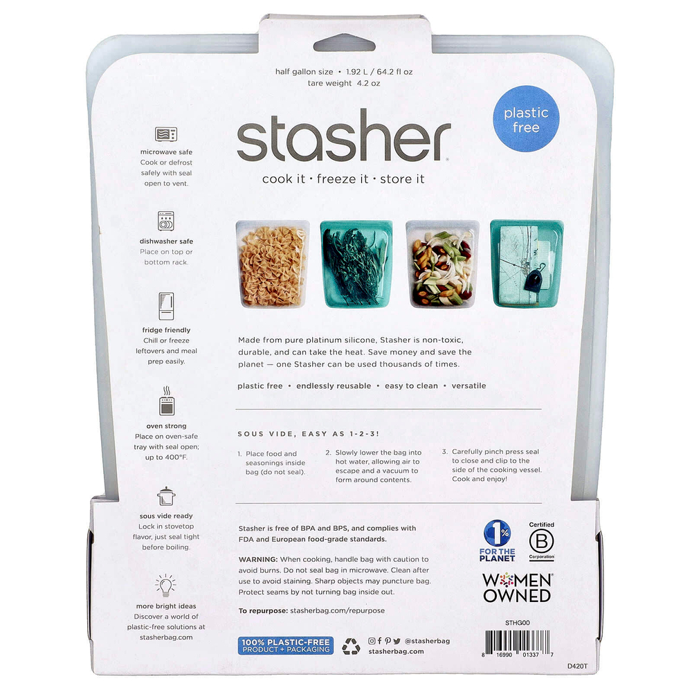 Stasher, многоразовый силиконовый контейнер для пищевых продуктов, 2,2 л, прозрачный, 1,92 л (64,2 жидк. унции)