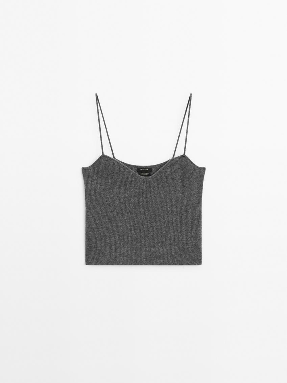 Massimo Dutti Топ из 100% кашемира на бретелях, серый меланж