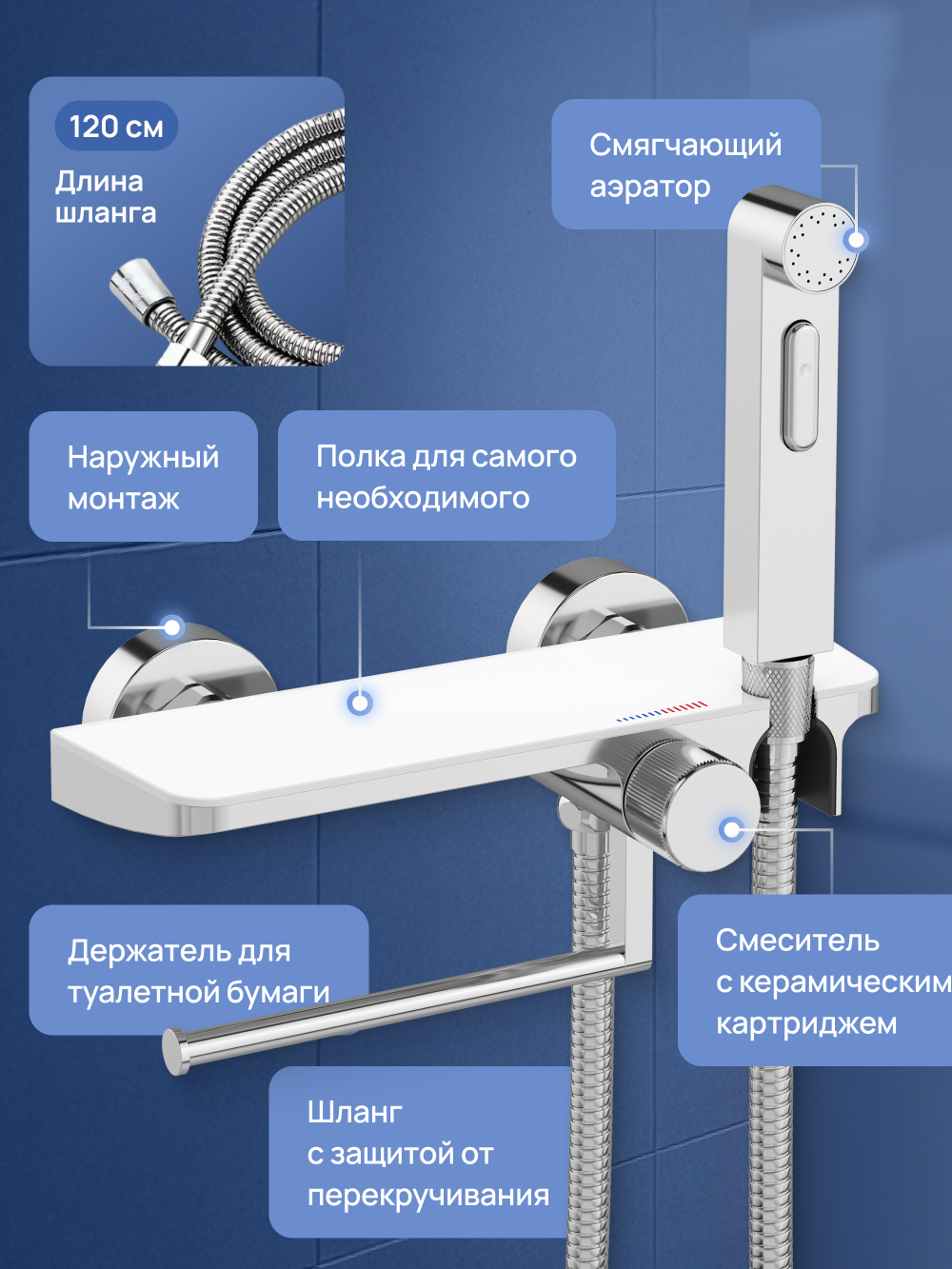 Гигиенический душ STWORKI Сортланд S10155CW со смесителем, хром, белый