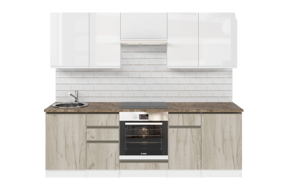 Кухонный гарнитур Антика базис 2400 мм (Белый глянец/Дуб браун, Аламбра темная)