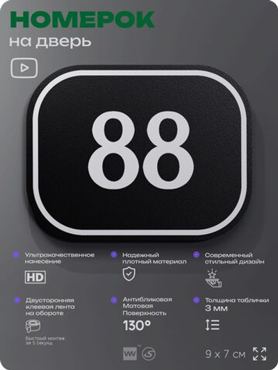 Номерок на дверь квартиры 88, для кабинета, офиса, шильдик 9 х 7 см, черный, Айдентика Технолоджи