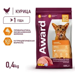 Сухой корм AWARD Urinary для взрослых кошек для профилактики мочекаменной болезни с курицей и добавлением клюквы, цикория и рыбьего жира