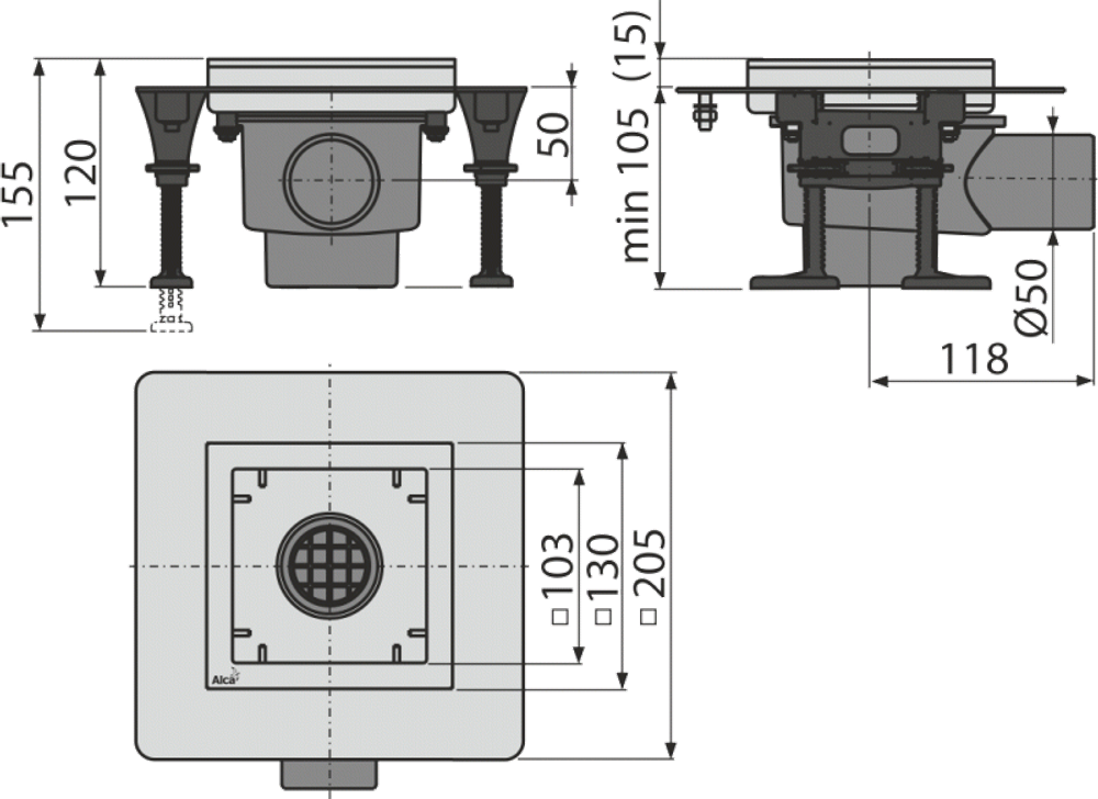 Сливной трап AlcaPlast APV130 из нержавеющей стали 130x130 мм