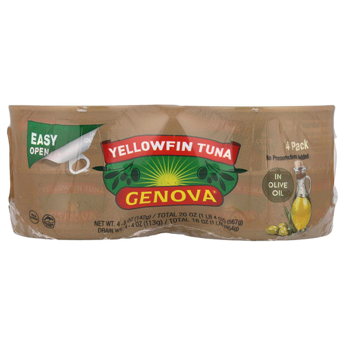 Genova, Желтоперый тунец в оливковом масле, 4 пакетика по 142 г (5 унций)