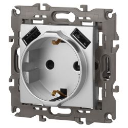 14-4109-03 ЭРА Розетка 2P+E 16A-250В, штор. с 2xUSB 5В-3А, Эра Elegance, алюминий