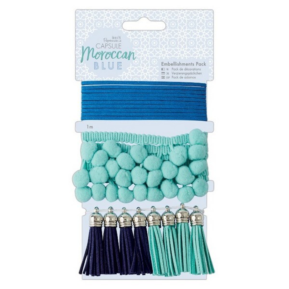 Набор украшений для скрап-проектов "Moroccan Blue" от Docrafts, шнур из искувственной кожи, тесьма с помпонами, кисточки из искувственной кожи 8 шт