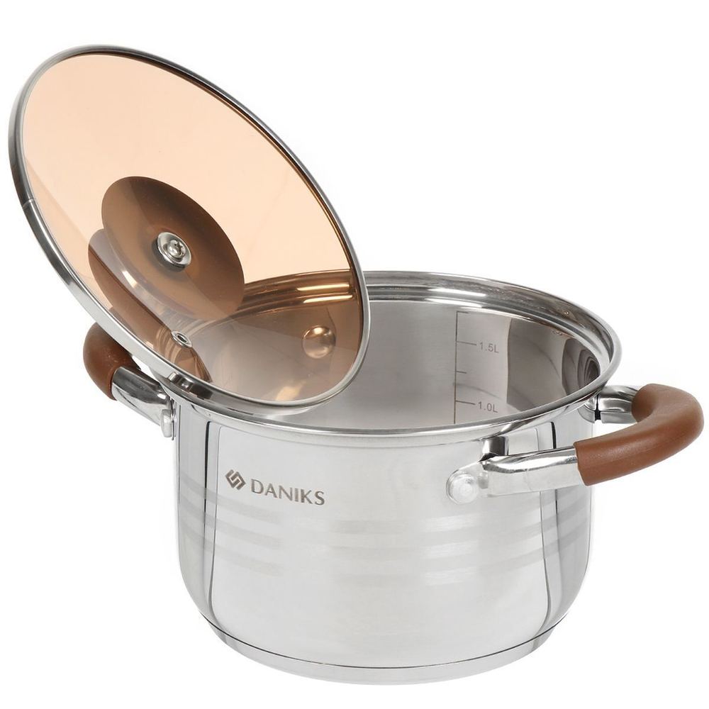 Кастрюля нерж, 2 л, крышка стекло, Daniks, Веллингтон, GS-01415-16CA, индукц