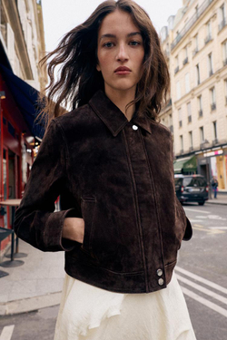 ZARA КУРТКА ИЗ 100% ЗАМШИ, ТЕМНО-КОРИЧНЕВЫЙ