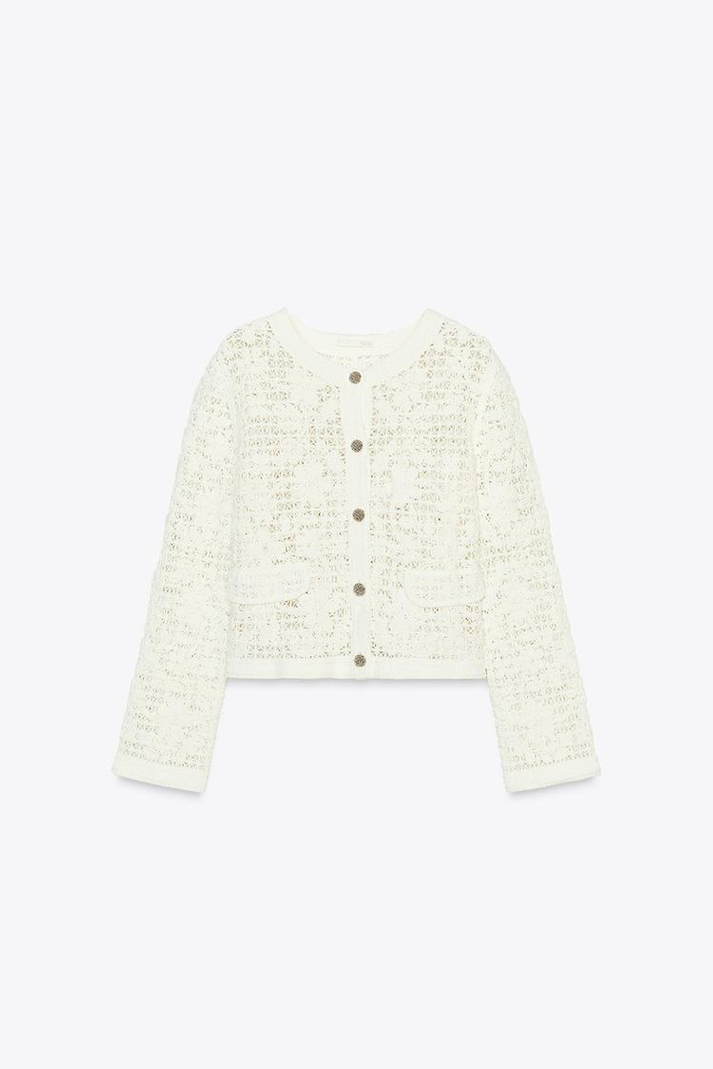 ZARA КАРДИГАН ИЗ КРУЖЕВА КРОШЕ С ПУГОВИЦАМИ, ЖЕЛТОВАТО-БЕЛЫЙ