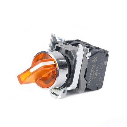 Переключатель SB4 с подсветкойв сборе 22мм 2поз. с фиксацией металл 24В DC 1НО+1НЗ желт. SE SB4BK125B5