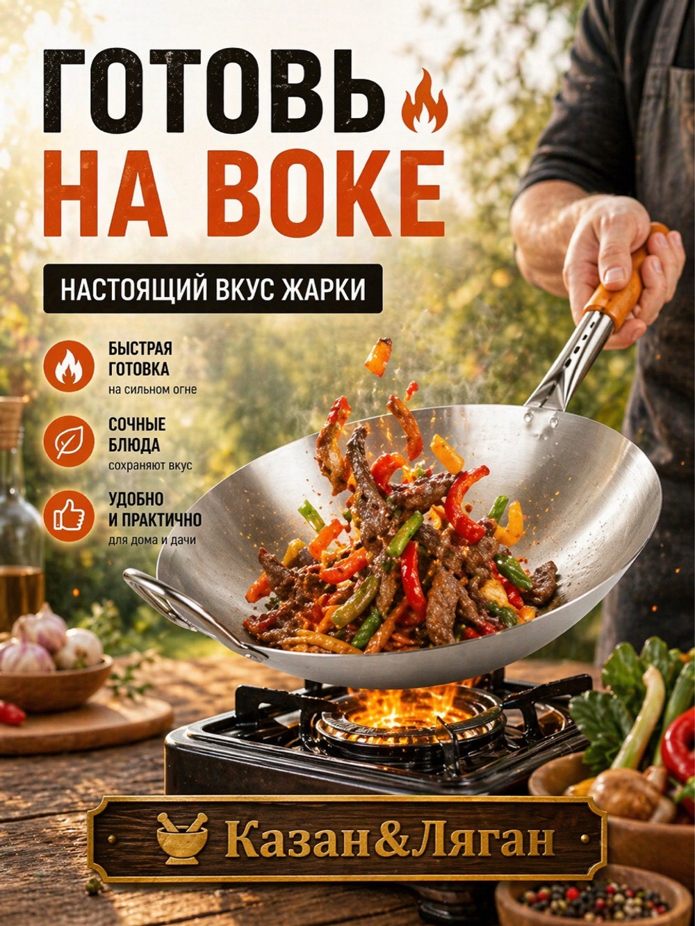 Вок нержавейка 40 см с деревянной ручкой