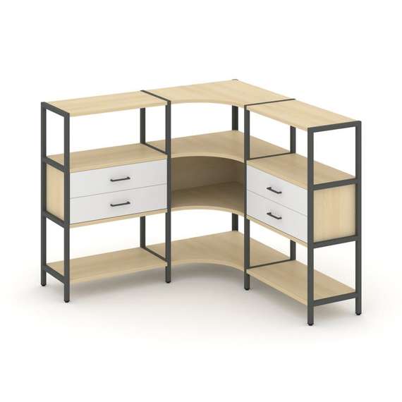 Shelf System Трехсекционный угловой стеллаж трехярусный с ящиками SN.STMU-331 Акация Лорка/Белый/Мет