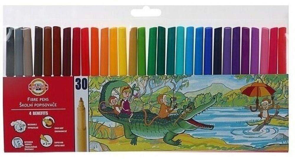 Фломастеры KOH-I-NOOR, 30 цветов, смываемые, трехгранные, пластиковая упаковка, европодвес, 771002CJ04TERU