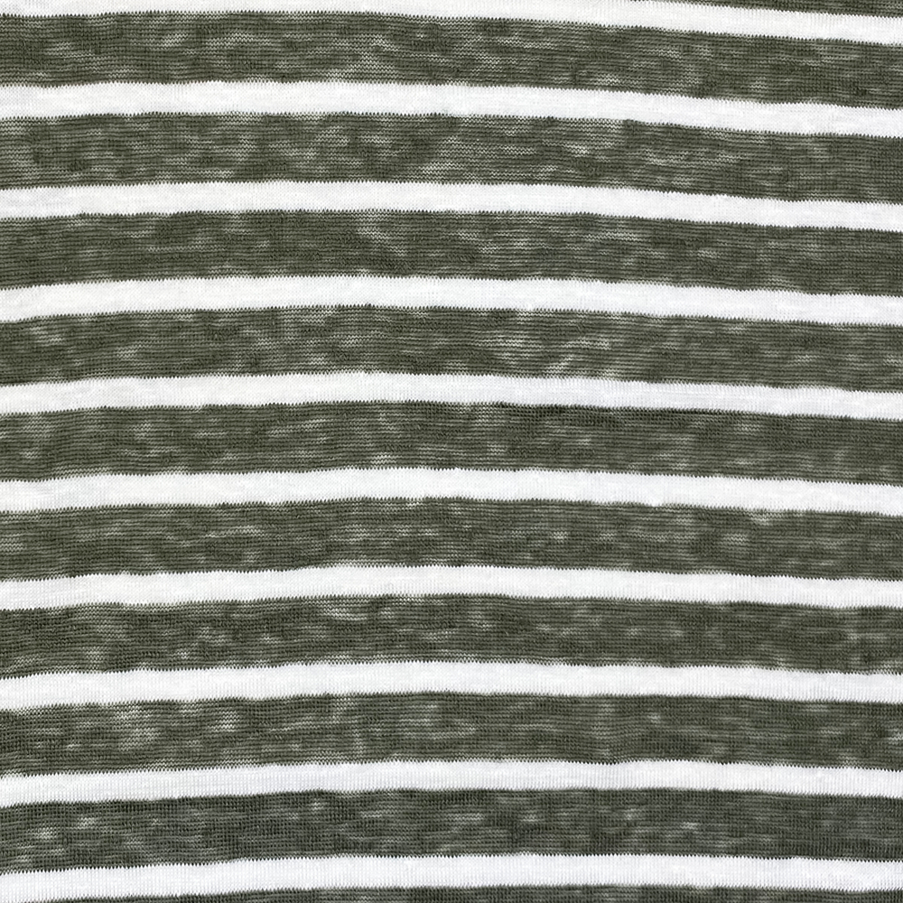 Тонкий льняной трикотаж болотно-зелёного цвета в молочную полоску