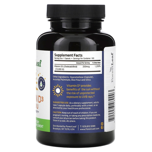 Forest Leaf, Витамин D3, 250 мкг (10 000 МЕ), 180 растительных капсул