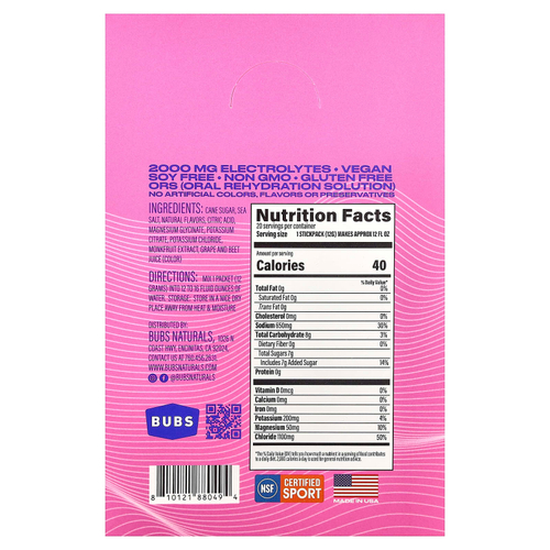 BUBS Naturals, Hydrate or Die®, смесь для приготовления электролитического напитка, со вкусом ягодного ассорти, 20 пакетиков по 12,3 г (0,43 унции)