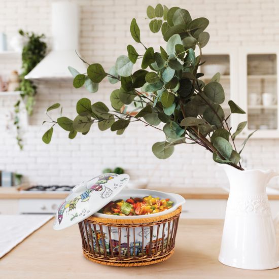 Кастрюля керамическая 1,8 л. с крышкой Kamille KM-6301 (24х21х12 см) в ротанговой корзинке