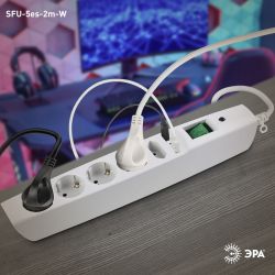 Сетевой фильтр ЭРА SFU-5es-2m-W с надежной защитой с заземлением с выключателем 5 розеток 2xUSB 2м 10А белый | Сетевые фильтры