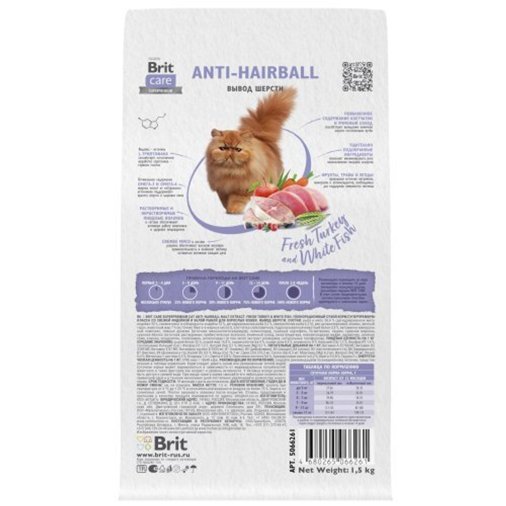 Сухой корм для взрослых кошек с белой рыбой и индейкой Cat Anti-Hairball BRIT CARE 1,5кг