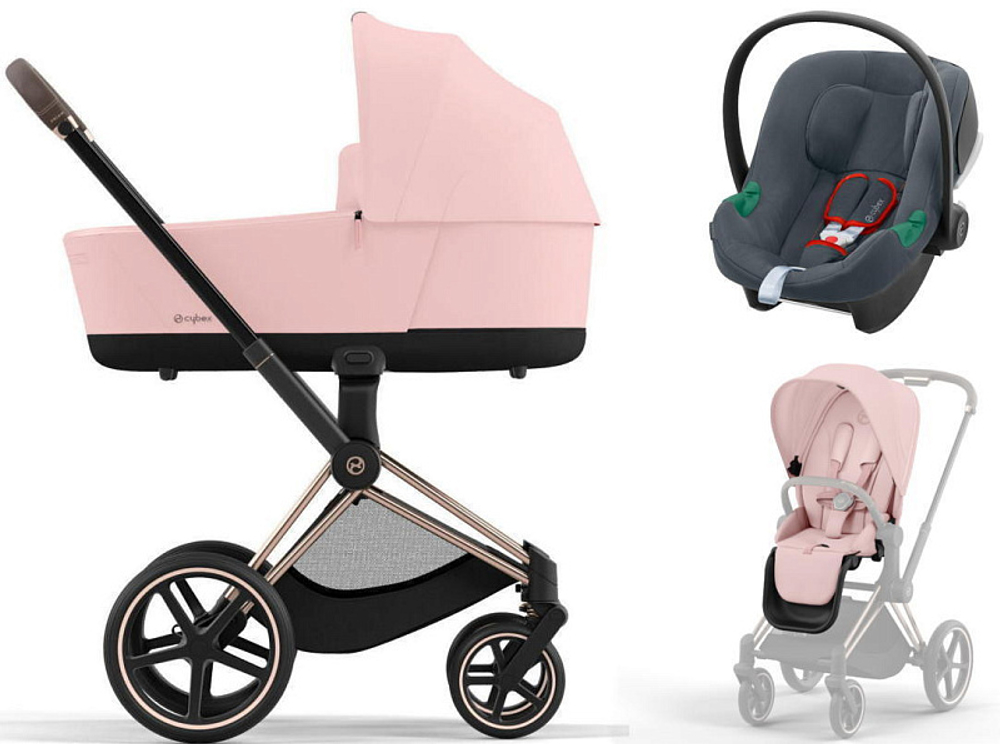 Коляска 3 в 1 Cybex Priam IV Rosegold complete и автокресло Aton B2 i-Size Steel Grey Peach Pink