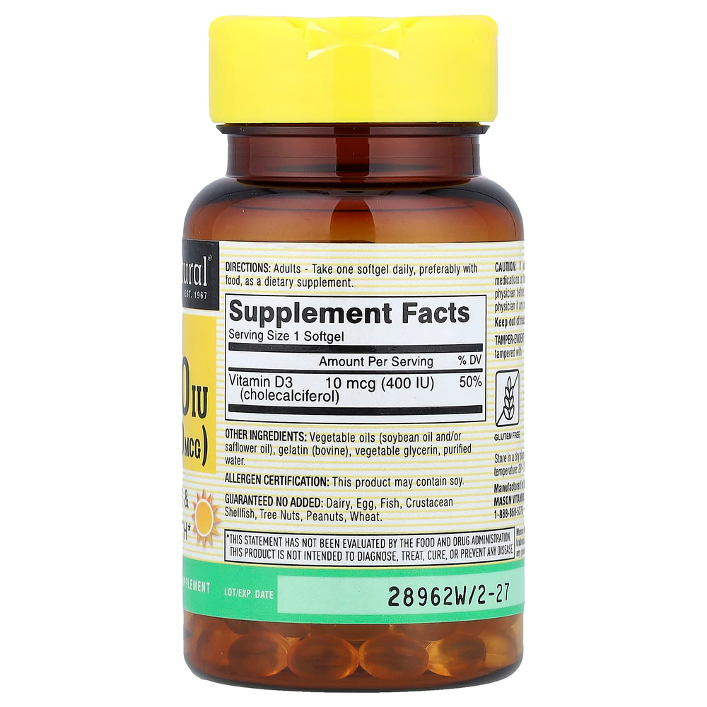 Mason Natural, Витамин D3, 10 мкг (400 МЕ), 100 мягких таблеток
