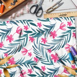 Ткань сатин розовые цветы и зелёные листья на белом фоне