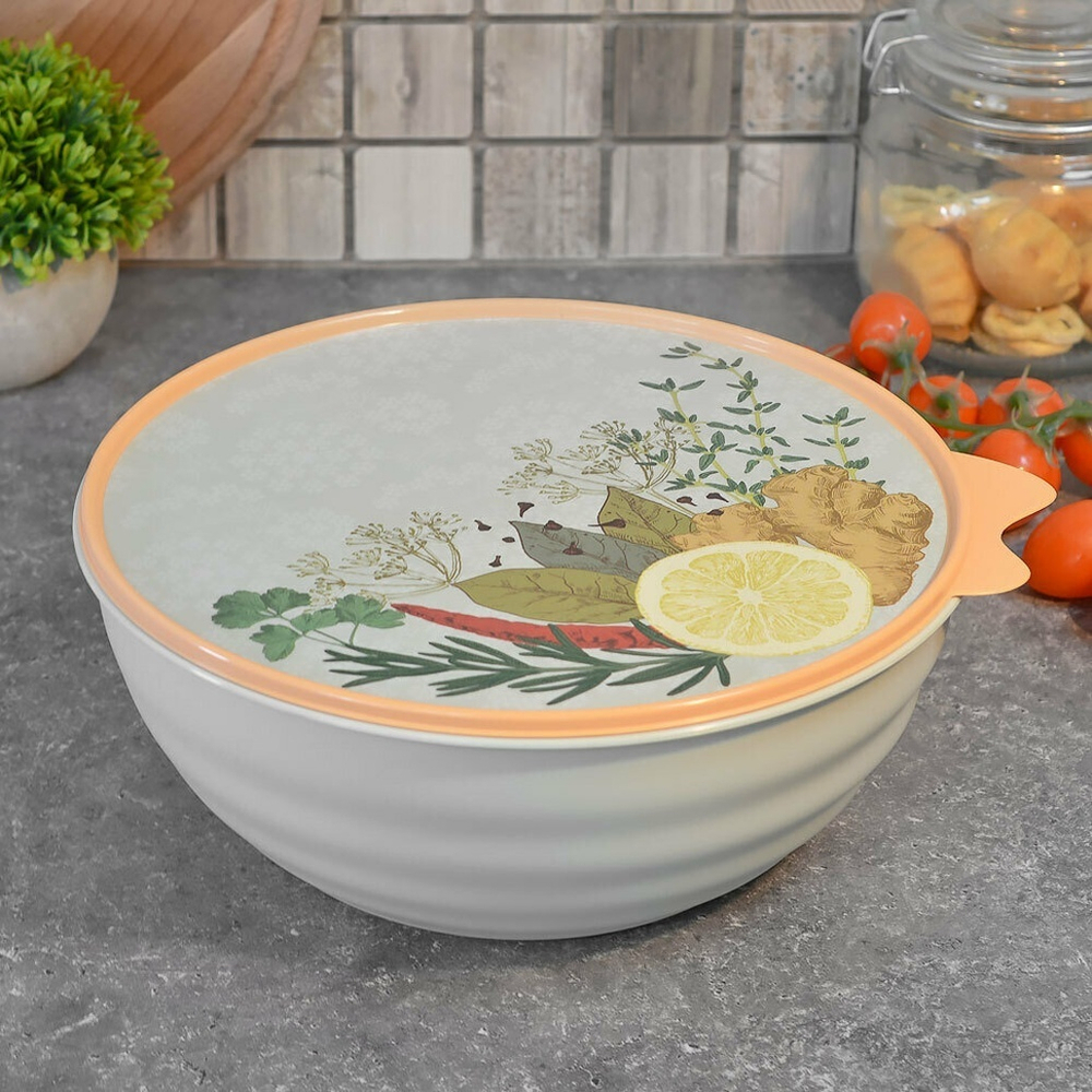 Миска 3,7л с крышкой, с декором "Wave", светло-серый