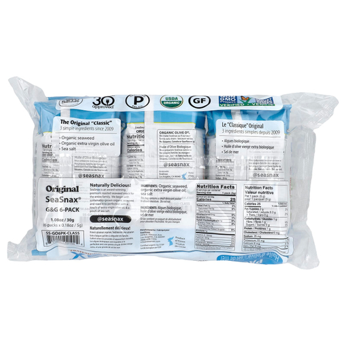 SeaSnax, Органические водоросли, оливковое масло высшего качества и морская соль, 6 пакетиков по 5 г (0,18 унции)