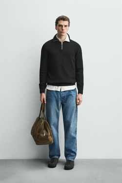 ZARA ДЖЕМПЕР ВЯЗАНЫЙ ЖЕМЧУЖНЫМ УЗОРОМ С ВОРОТНИКОМ НА МОЛНИИ, ЧЕРНЫЙ