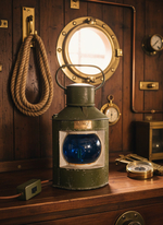 Морской светильник WOODandROOT из судового фонаря 1957 года на деревянной поверхности в аутентичной корабельной каюте.