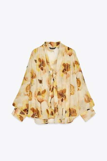 ZARA РУБАШКА ИЗ ТКАНИ С ЦВЕТОЧНЫМ ПРИНТОМ, ЭКРЮ/ЖЕЛТЫЙ