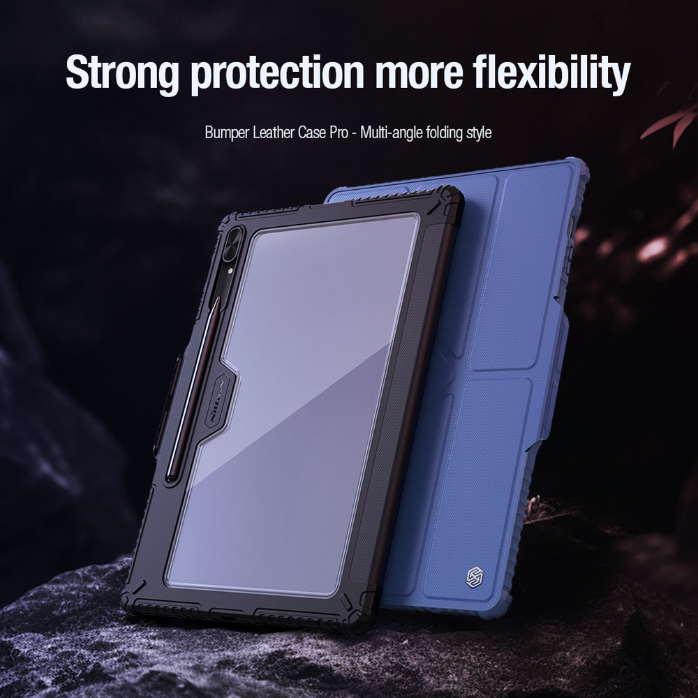 Чехол книжка синего цвета от Nillkin для планшета Samsung Galaxy Tab S9 Ultra и Tab S10 Ultra, серия Bumper Pro Case-Multi Angle Folding Style, с защитной шторкой для камеры