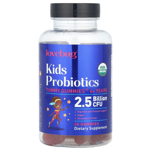 LoveBug Probiotics, Детские пробиотики, жевательные таблетки для живота, для детей от 4 лет, со вкусом клубники, 2,5 млрд КОЕ, 30 жевательных таблеток