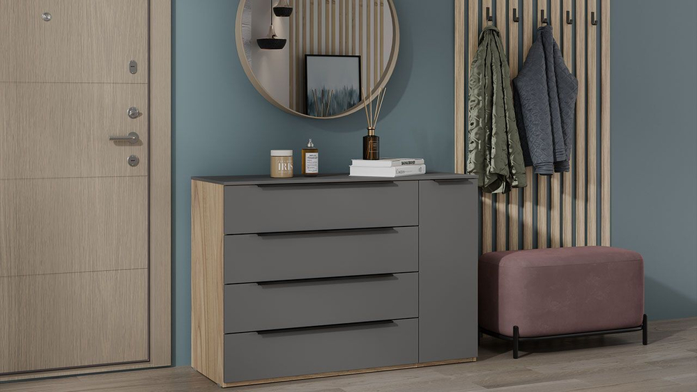 Комод для одежды с ящиками и полками Яблоня Беллуно/Графит софт 4 ящика 120х45х84 см