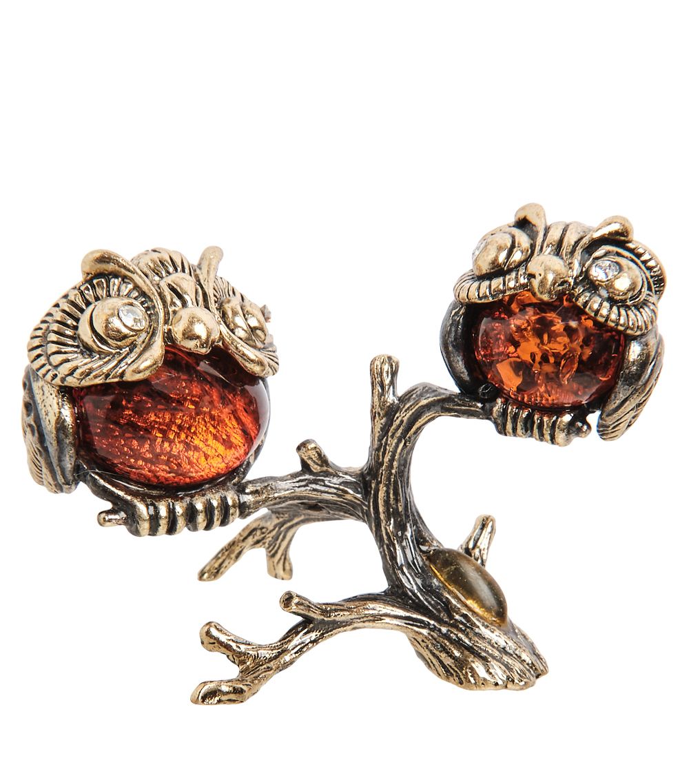 Народные промыслы AM- 564 Фигурка «Совы на ветке» (латунь, янтарь)