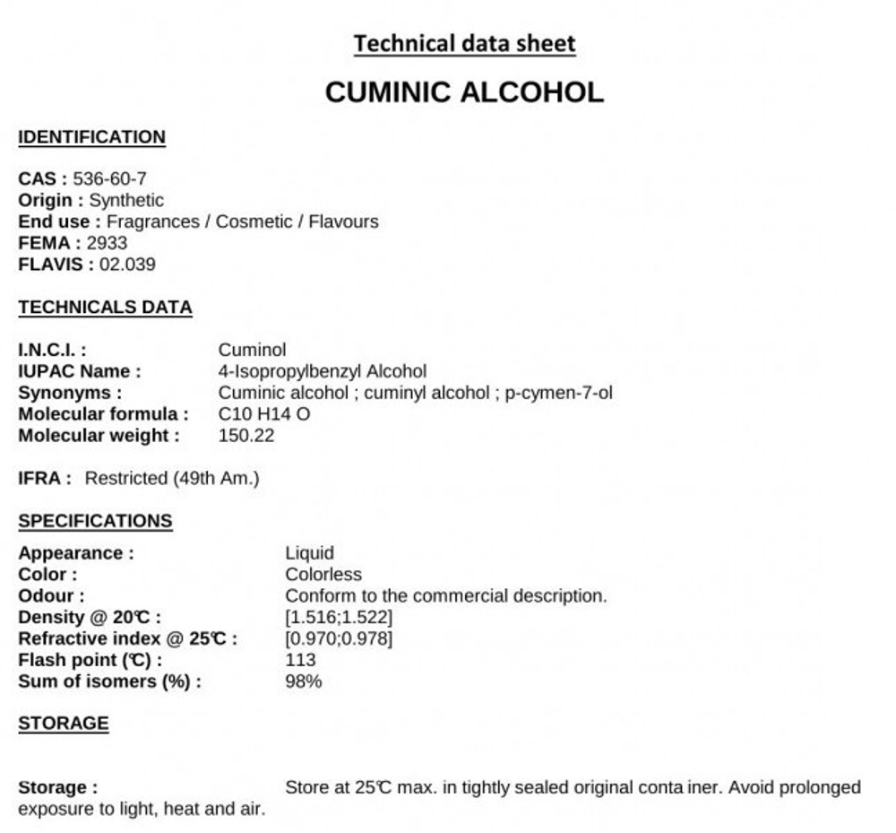 CUMINIC ALCOHOL / КУМИНОВЫЙ СПИРТ CAS 536-60-7