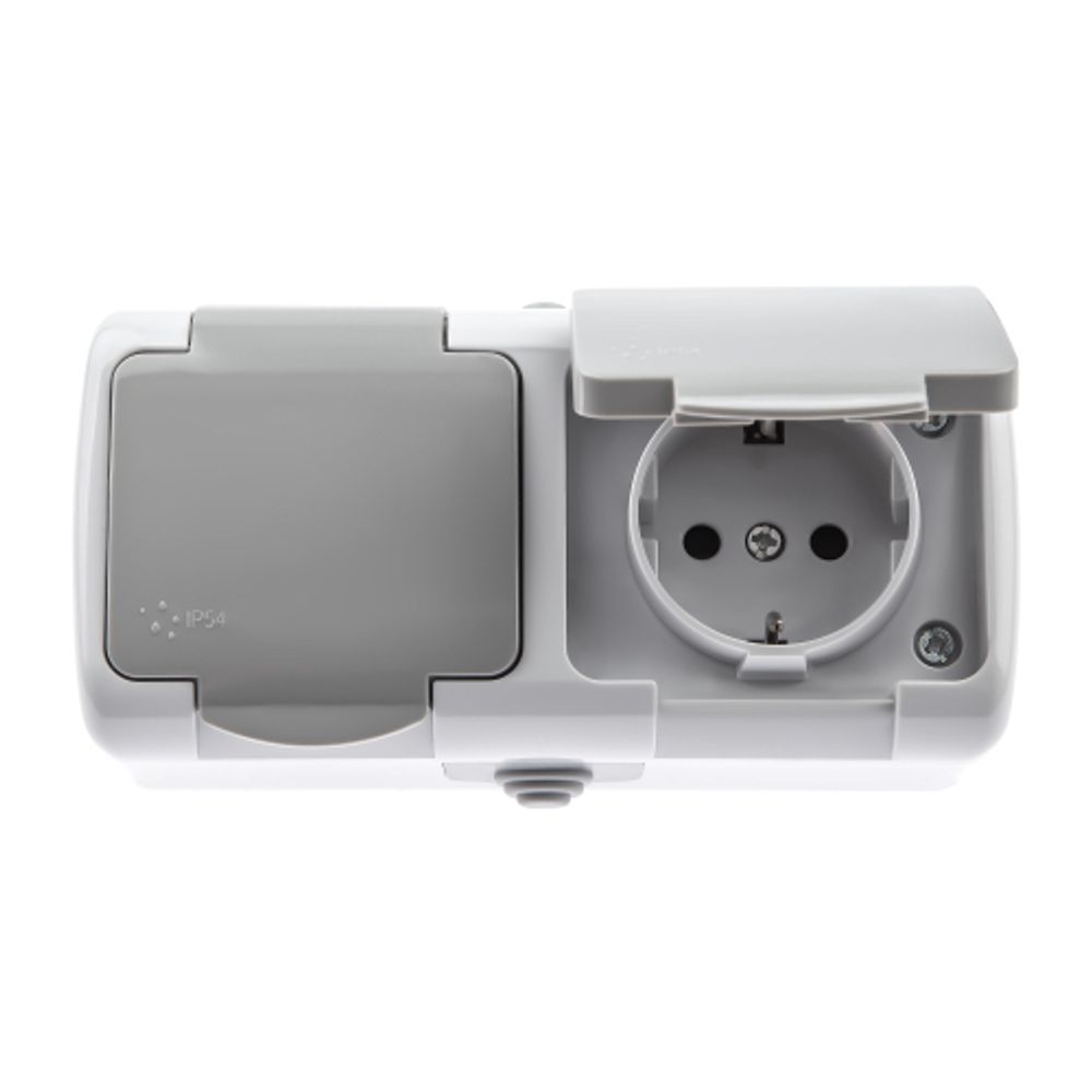 Розетка Intro Atlantic 5-204-03 двойная с заземлением 2х2P+E Schuko шторки, 16А-250В, IP54, открытой установки, серый | Intro