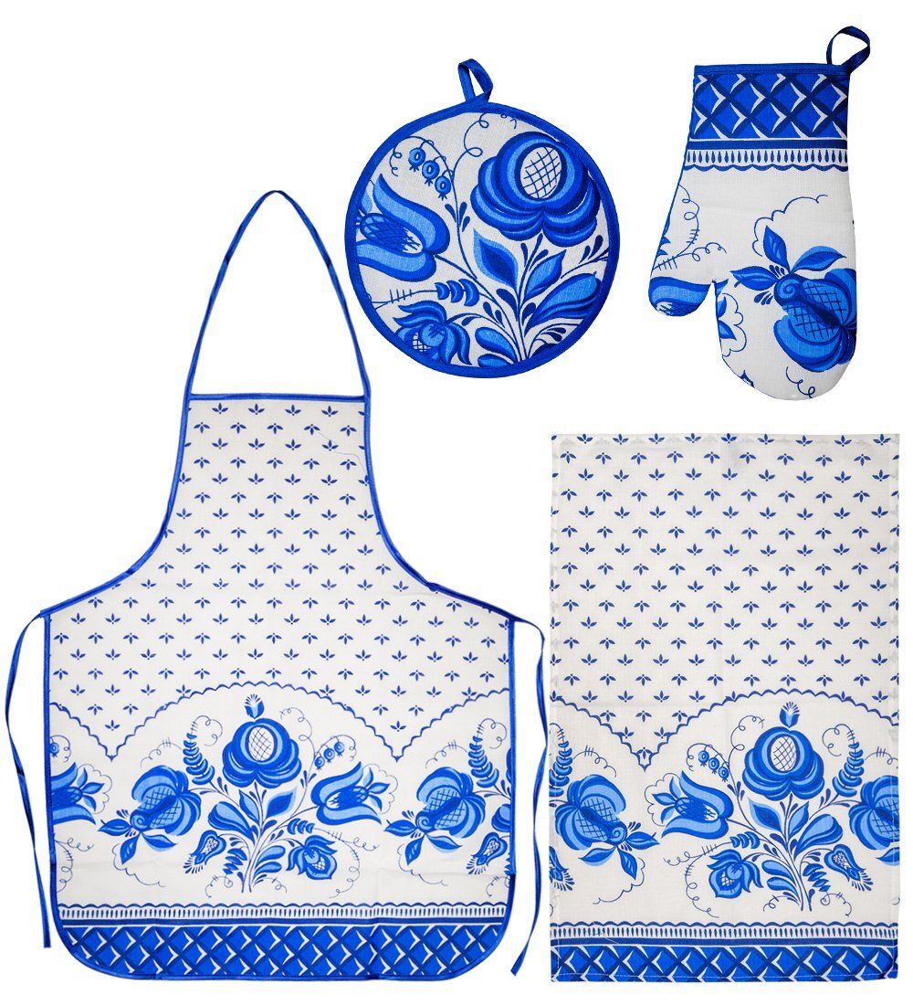 ТК-242 Набор 4 пр. «Фартук, рукавица, прихватка, полотенце» (лен, бело синий)