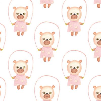 Медвежонок со скакалкой на белом фоне