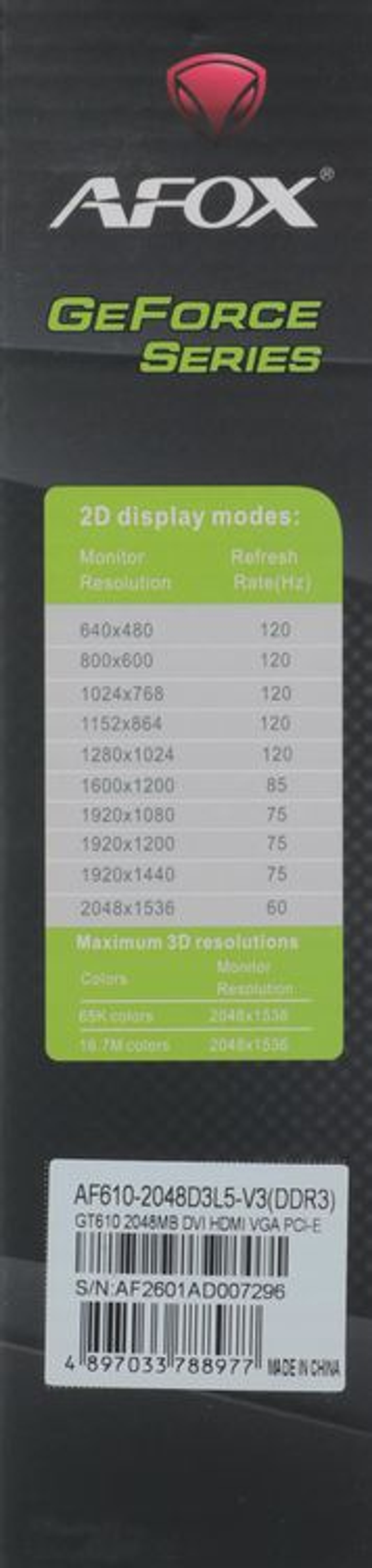 Видеокарта AFOX NVIDIA  GeForce GT 610 AF610-2048D3L5-V3 2ГБ GDDR3, Low Profile,  Ret